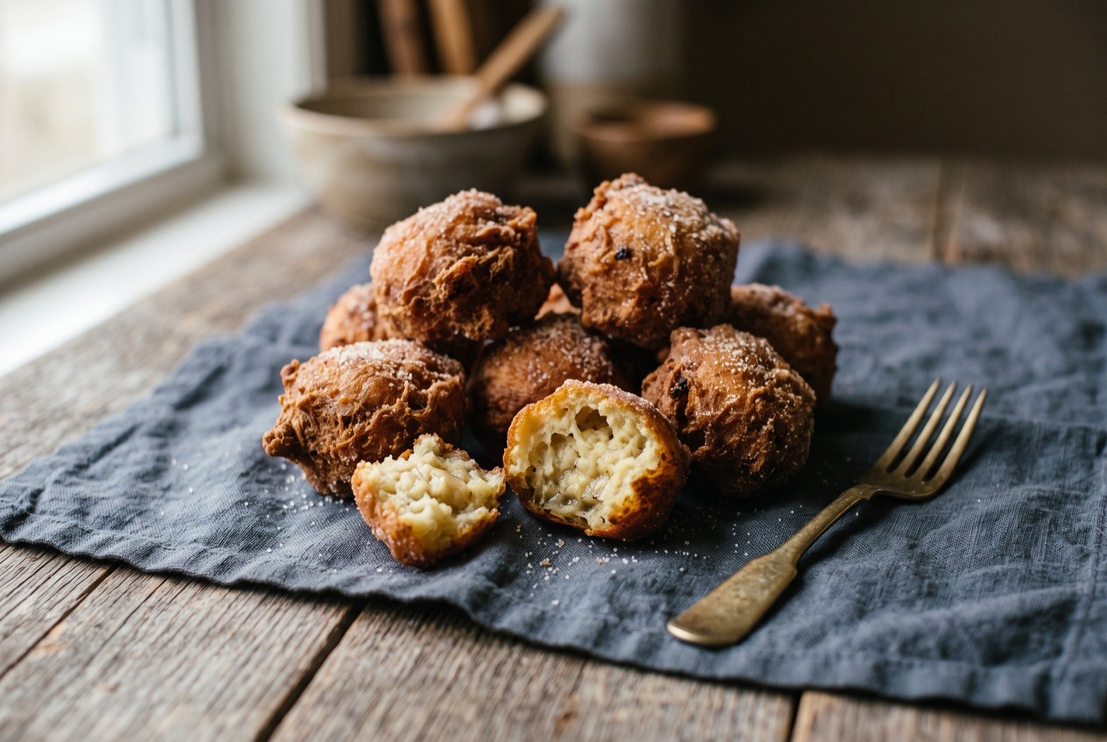 Buñelos aga', fried banana doughnuts: a small pile of irregular golden brown fried banana doughnuts with a rough, craggy fried crust, a light dusting of sugar visible on top.