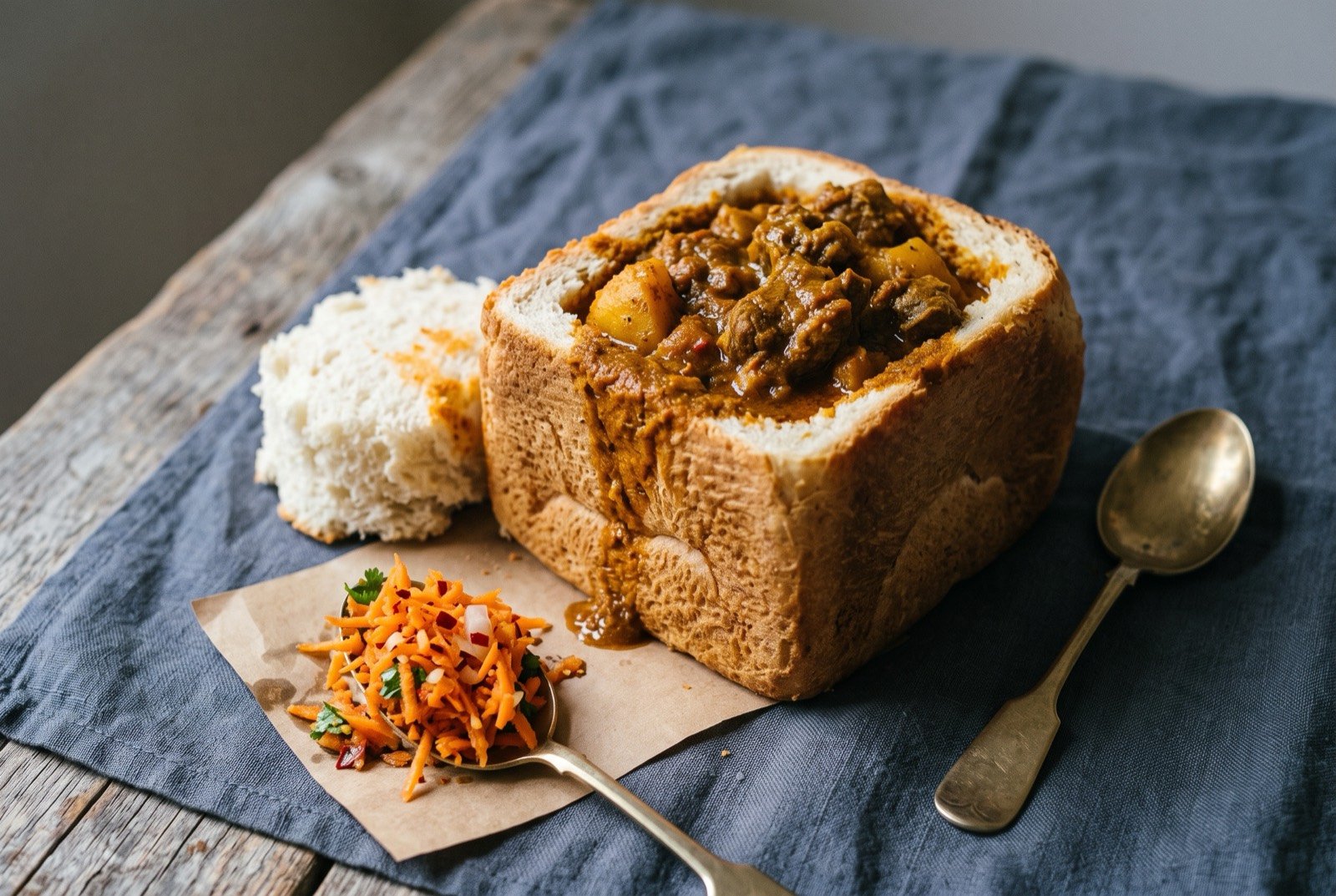 Bunny chow: a quarter of an unsliced white loaf, hollowed out from the cut face and filled to the brim with thick dark orange mutton curry that has soaked and stained the bread walls.