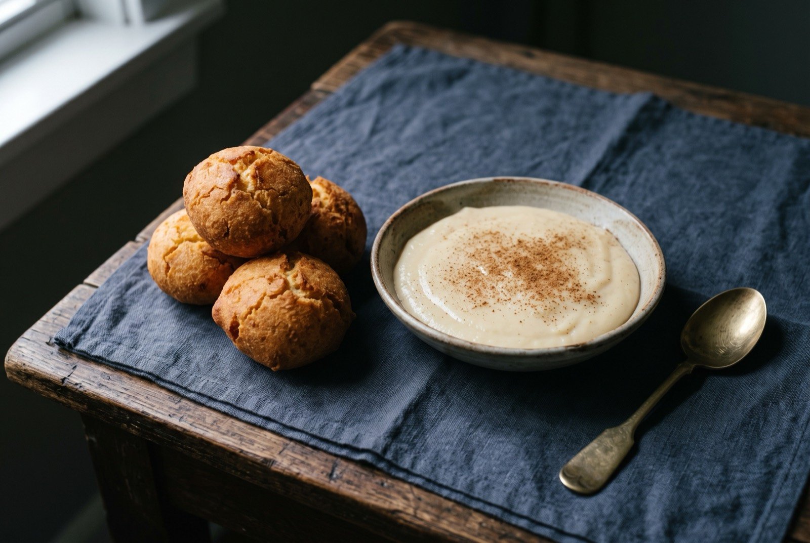Buñuelos and natilla, fried cheese fritters with a set spiced custard: a small stack of golden brown, cracked surface cheese fritters beside a shallow bowl of pale, thick, set custard dusted lightly with cinnamon.