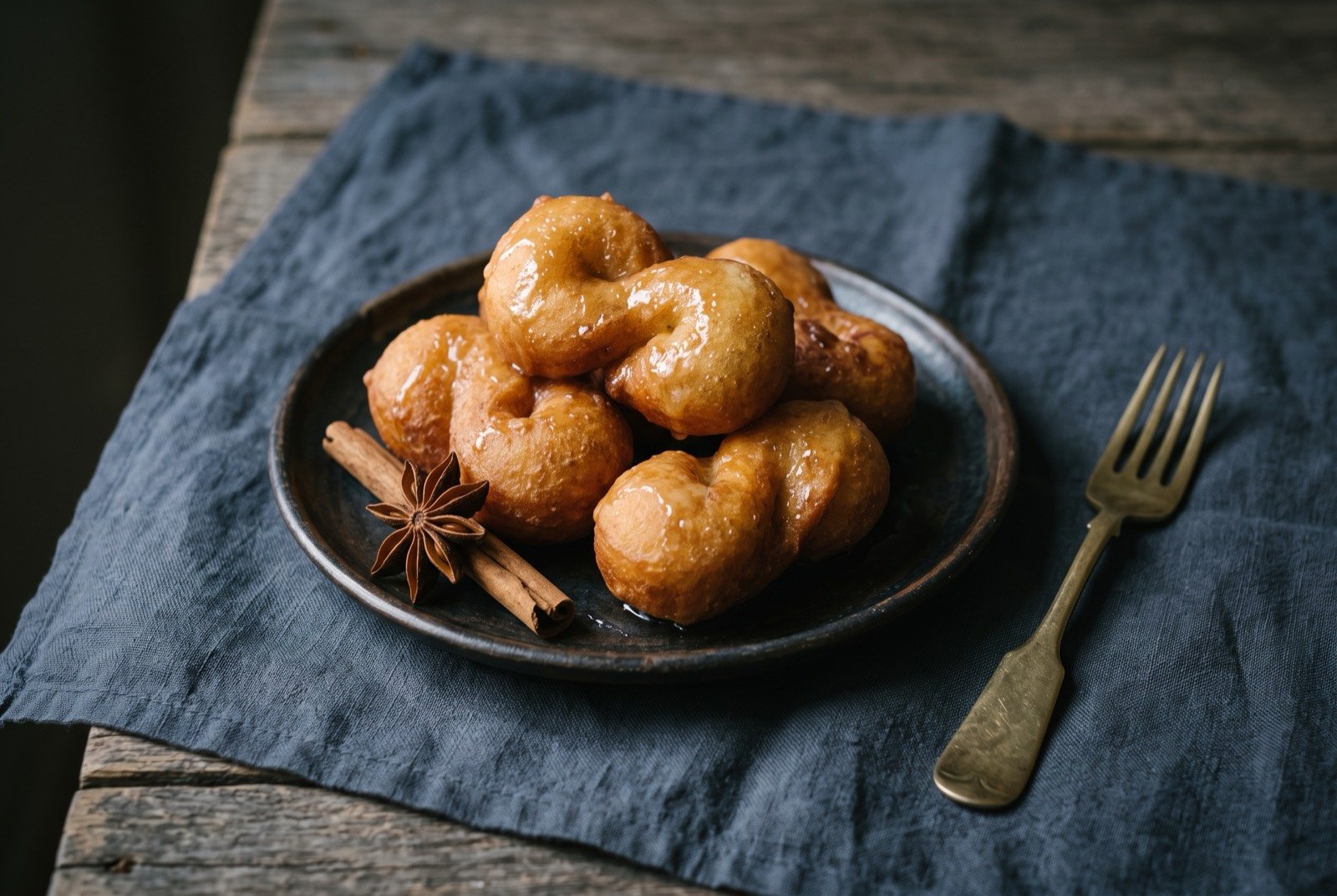 Buñuelos de Nochebuena, fried yuca, boniato and malanga fritters in syrup: a small pile of golden brown fritters shaped into figure eights, their surface glistening with a light syrup, a star anise pod and a cinnamon stick resting on the plate alongside.