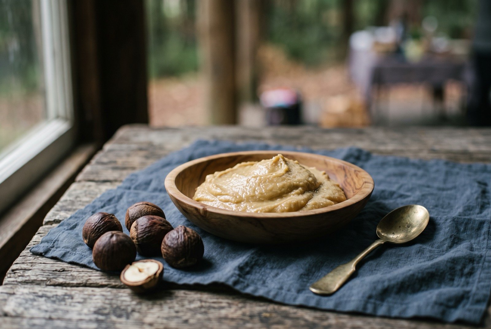 Bunya nut paste, roasted and ground at the triennial Bunya Mountains gathering: a smooth, pale golden brown paste mounded in a carved wooden bowl, its surface glossy and slightly ridged from grinding.