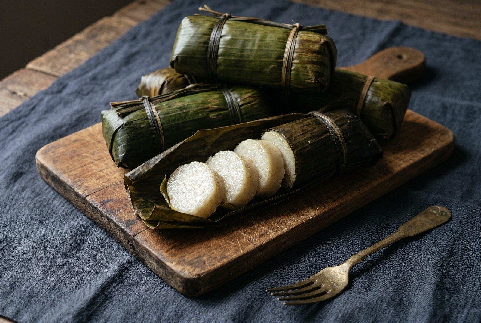 Burasa, compressed coconut rice cake wrapped and boiled in banana leaf: several short cylindrical rice cakes, some still bound in their dark green banana leaf wrapping and tied with thin string.