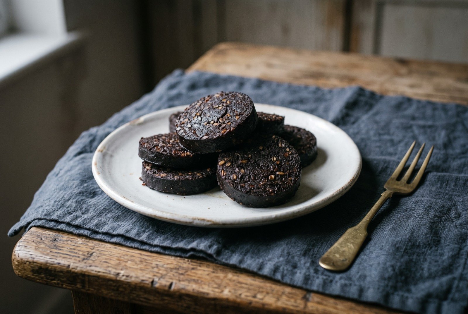 Bury black pudding, pearl barley blood sausage: thick dark coiled slices of black pudding, matte and almost charcoal in colour, fried to a firm crust on each cut face and stacked slightly askew on a plain white plate.