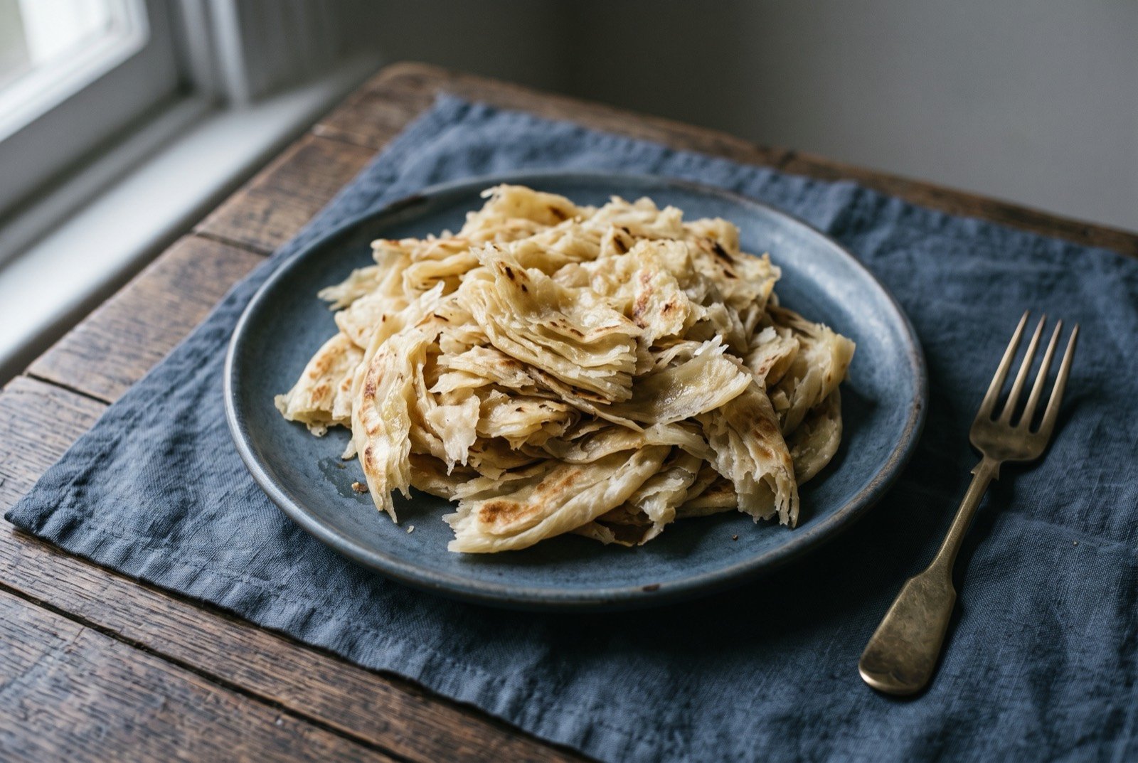 Buss up shut, shredded layered paratha roti: a loose, torn heap of pale golden flaky roti fragments piled on a plate, the layered texture clearly visible in each torn piece.