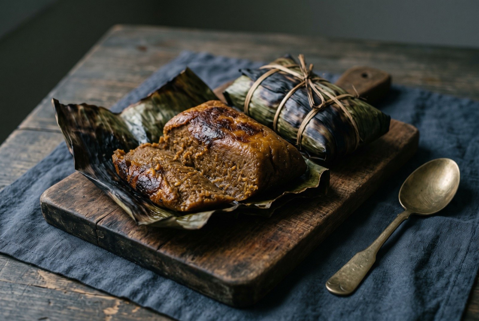Bwiro, the Marshall Islands' fermented breadfruit paste: a dense, dark golden brown wrapped parcel of fermented breadfruit paste, partly unwrapped from a scorched banana leaf lying open beside it on a dark wooden board.