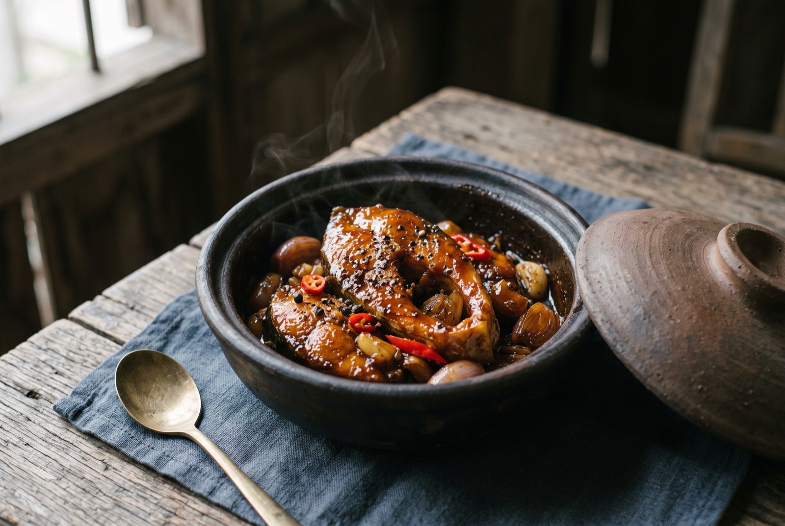 Cá kho tộ, fish braised in a dark caramel and fish sauce glaze in a clay pot: a dark unglazed clay pot with its lid resting to one side, thick pieces of fish glazed deep amber brown in a reduced caramel sauce.