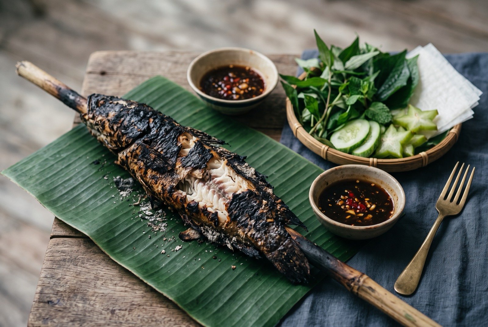Cá lóc nướng trui, a whole snakehead fish grilled blackened over burning rice straw, skewered on a length of bamboo: a whole fish with deeply blackened, charred skin still skewered lengthwise on a bamboo stick, flaking white flesh visible where the skin has split.