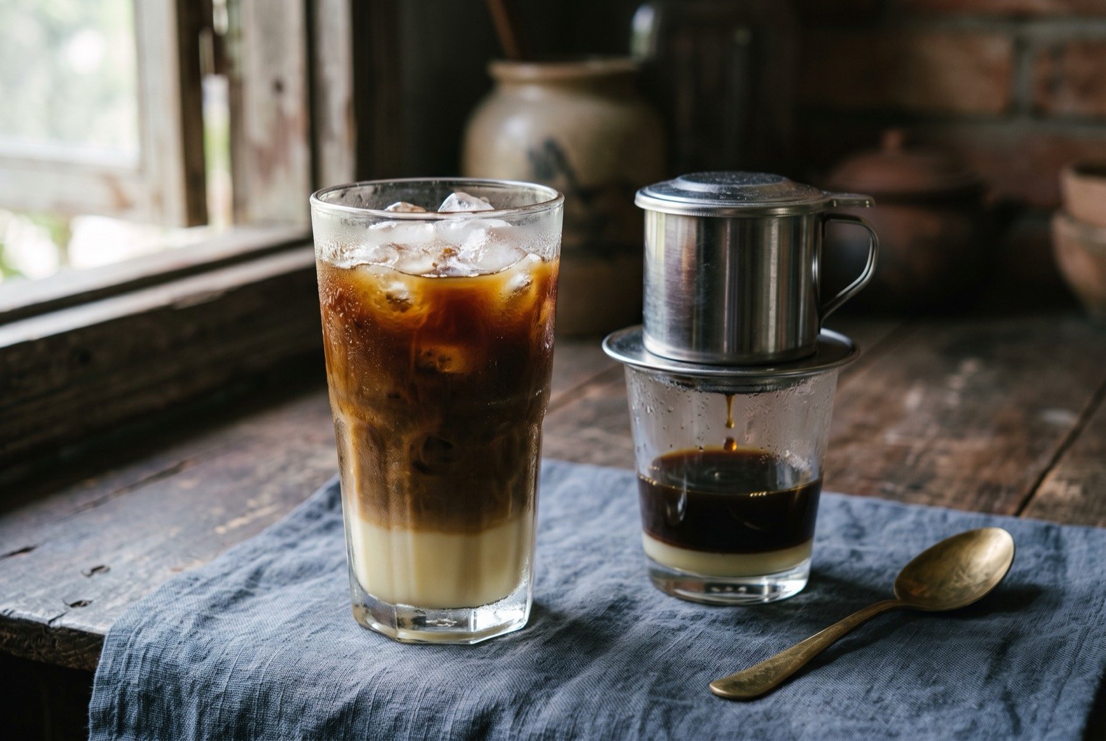 Cà phê sữa đá, dark iced coffee brewed through a metal phin filter over a pool of sweetened condensed milk: a tall clear glass filled with ice, a dark pool of condensed milk visible at the bottom beneath the black coffee, a stainless steel phin filter still resting on top of a smaller glass beside it with the last drips falling through.