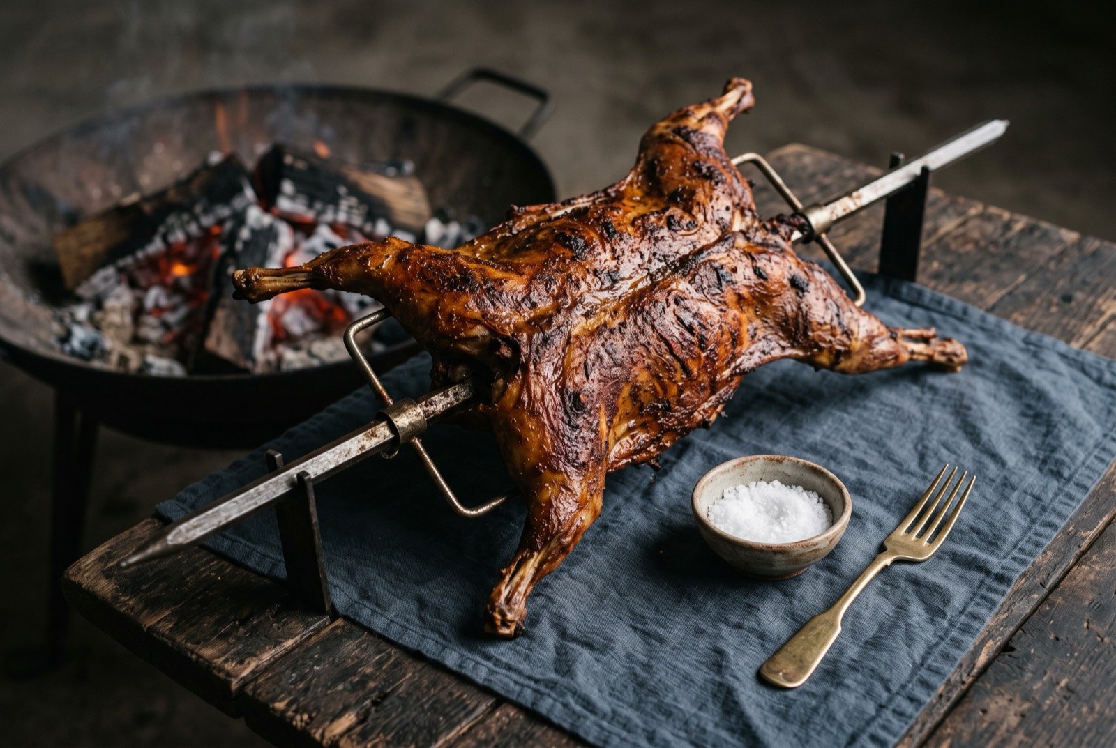 Cabrito al pastor, whole kid goat roasted beside mesquite embers: a whole split kid goat mounted on a metal spit, its skin a deep even mahogany brown from slow roasting, resting at an angle beside a bed of glowing embers.