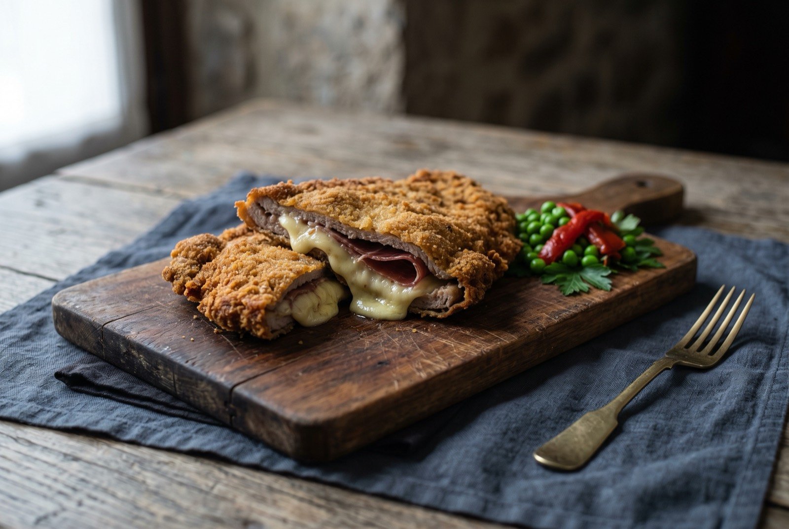 Cachopo, a breaded veal cutlet stuffed with ham and melting cheese: a large golden brown breaded cutlet, sliced open to reveal melted pale cheese and pink ham oozing from the centre, the crumb crust deeply crisp and evenly browned.
