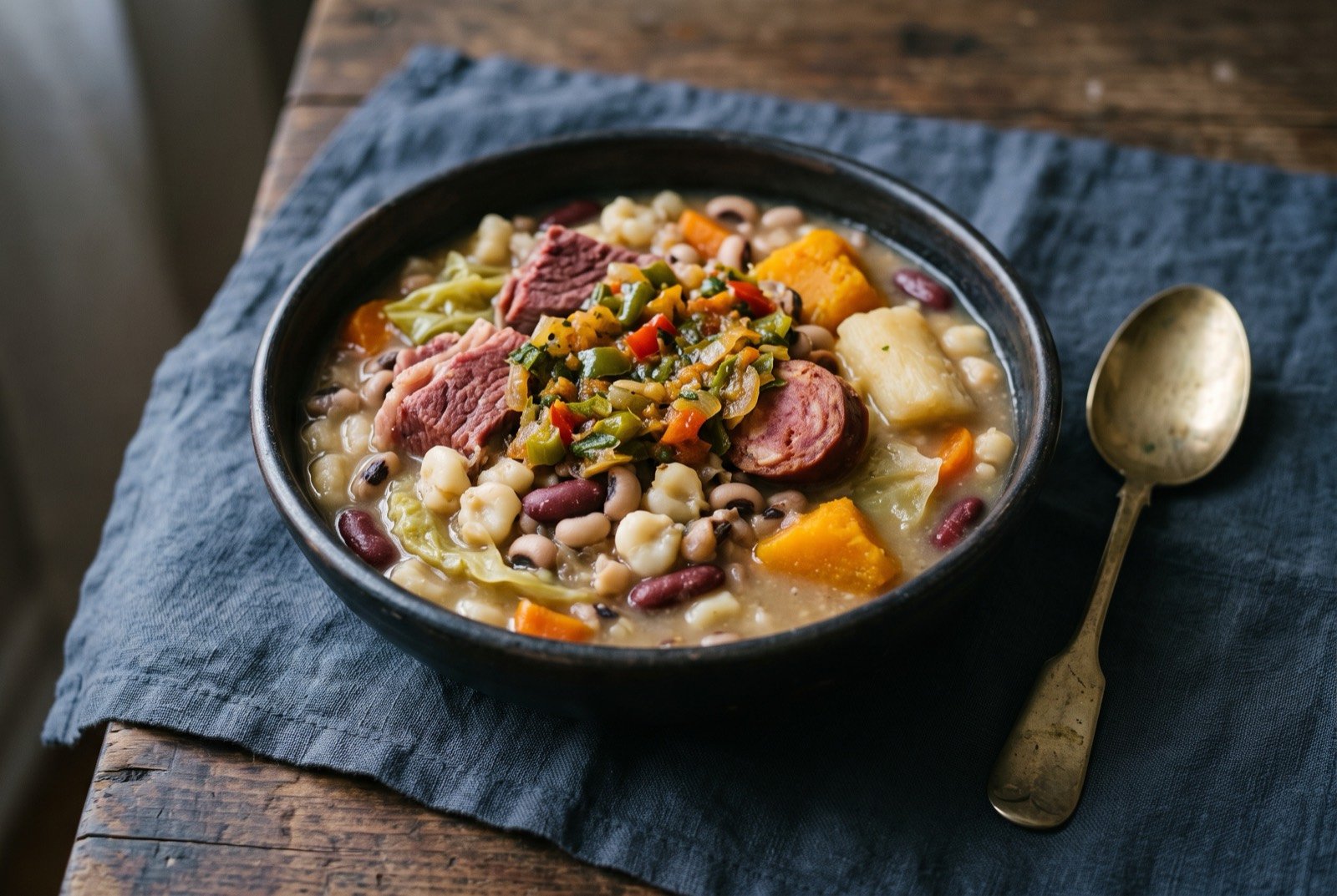 Cachupa rica: Whole swollen hominy kernels and several varieties of bean in a cloudy starch thickened liquor rather than a clear broth.