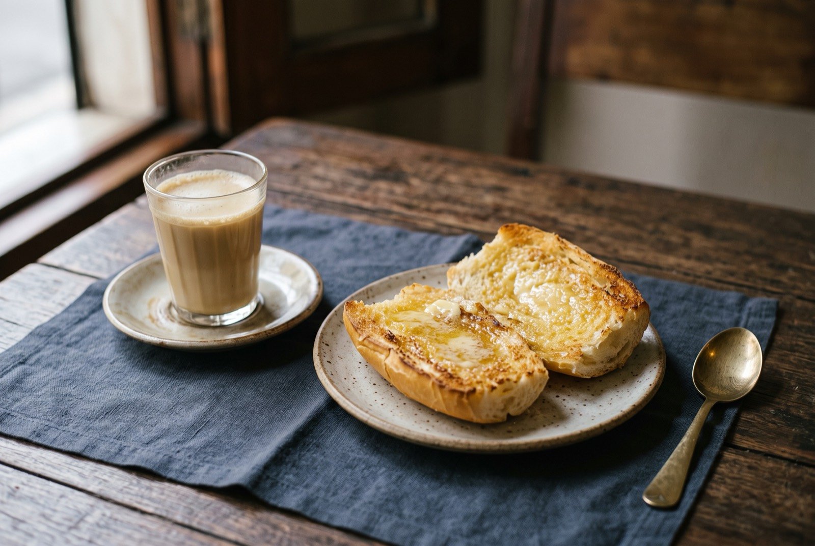 Café pingado e pão na chapa, the paulistano breakfast: a small glass cup of pale milky coffee beside a split bread roll pressed flat and toasted golden brown on a griddle, its cut surface glistening with melted butter.