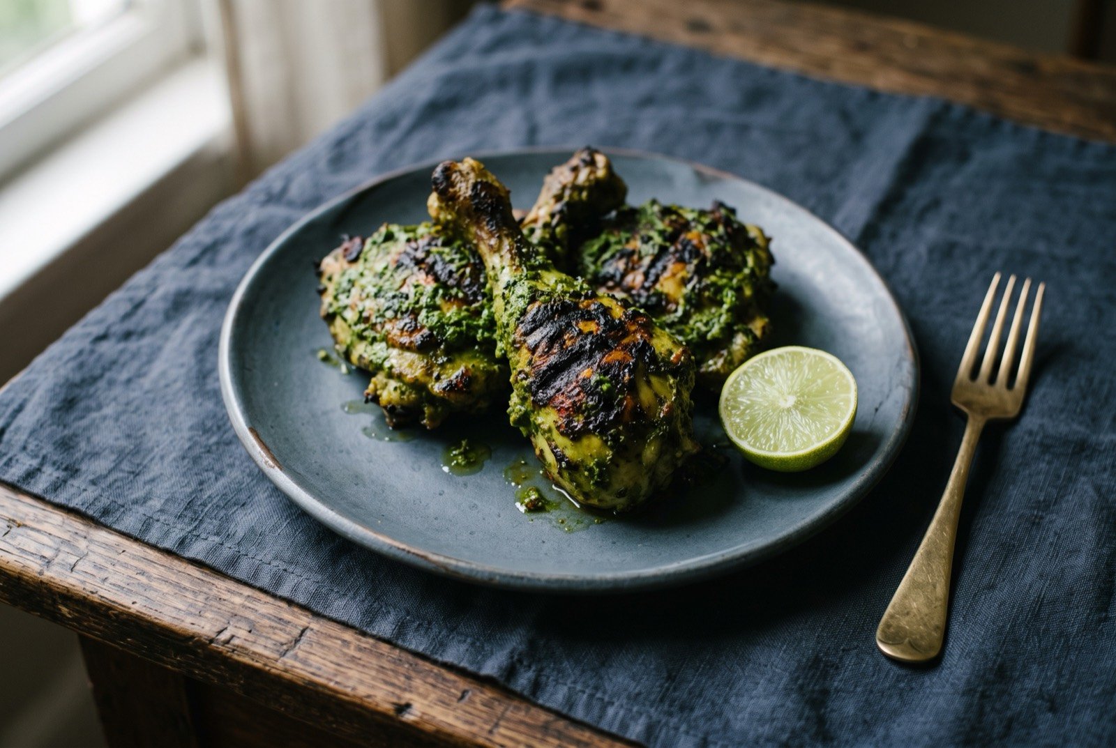 Cafreal, chicken grilled in a bright green herb paste: chicken pieces coated in a vivid green coriander and chilli paste, charred and lightly blistered at the edges from the grill.
