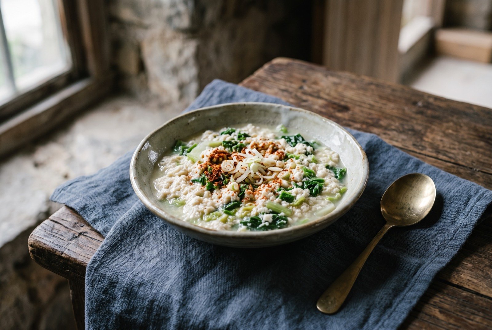Caidoufu, Fenghuang Miao soy milk simmered with greens until it clears: a shallow bowl of pale, softly curdled soy porridge studded with dark green chopped leaves, a scattering of red chilli powder and pale spring onion across the surface.