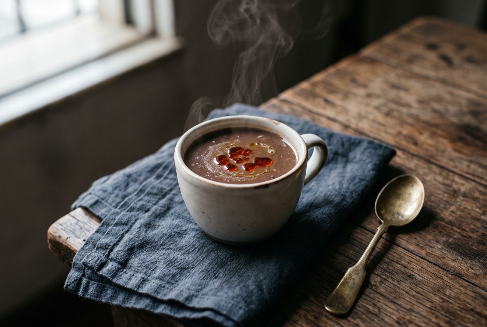Caldinho de feijão, a boteco bar bean broth: a small white espresso cup filled to the brim with a smooth dark brown bean broth, a faint sheen of rendered fat on the surface.
