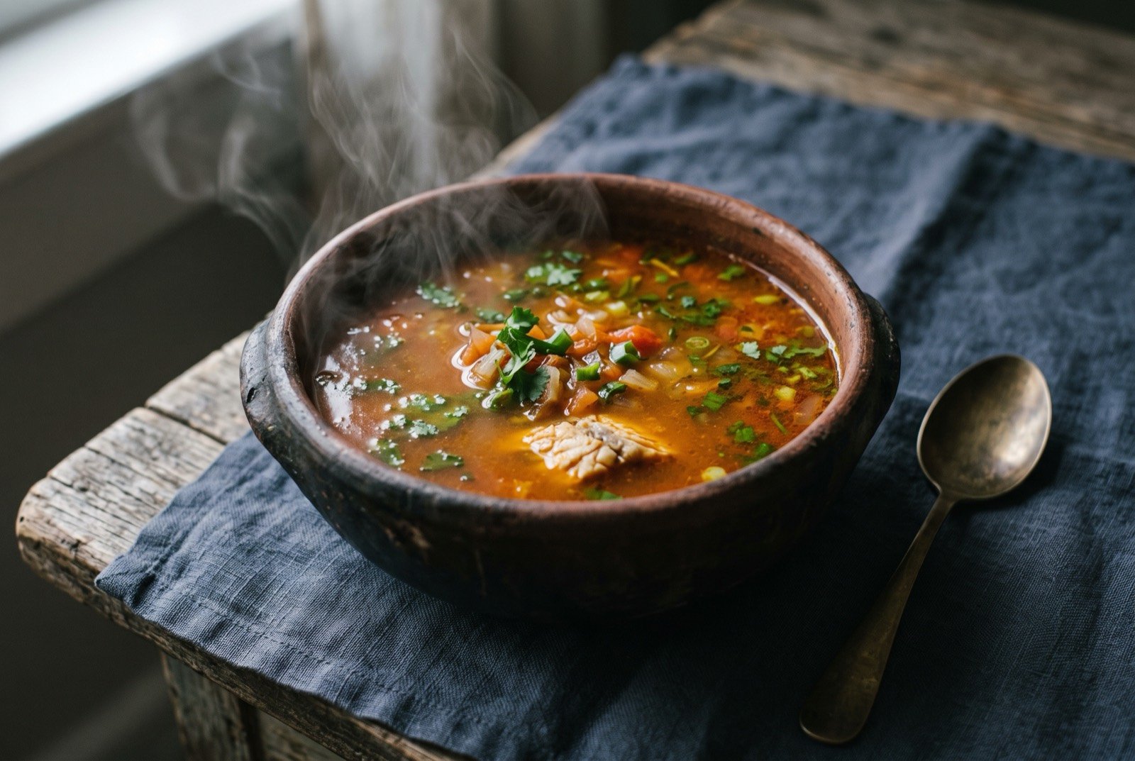 Caldo de piranha, a hot piranha broth with tomato, onion and cheiro-verde: a rustic clay cumbuca bowl of deep orange-red broth, flecks of green cheiro-verde floating on the surface, a pale piece of flaked white fish just visible beneath.