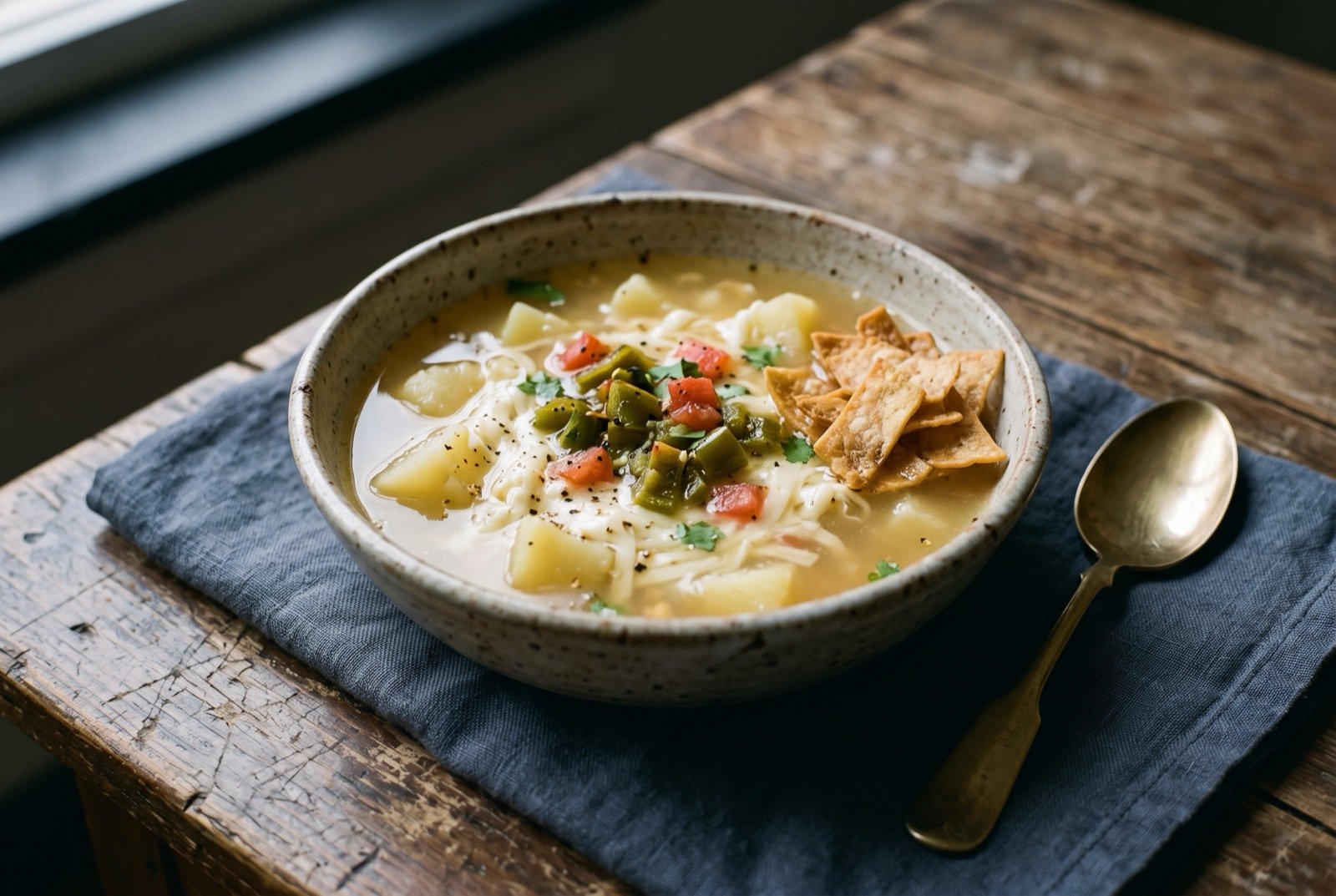 Caldo de queso sonorense, a Sonoran potato and cheese soup: a pale golden broth in a rustic bowl, chunks of potato and soft strands of melting white cheese suspended through it, a scatter of diced tomato and green chile on the surface.