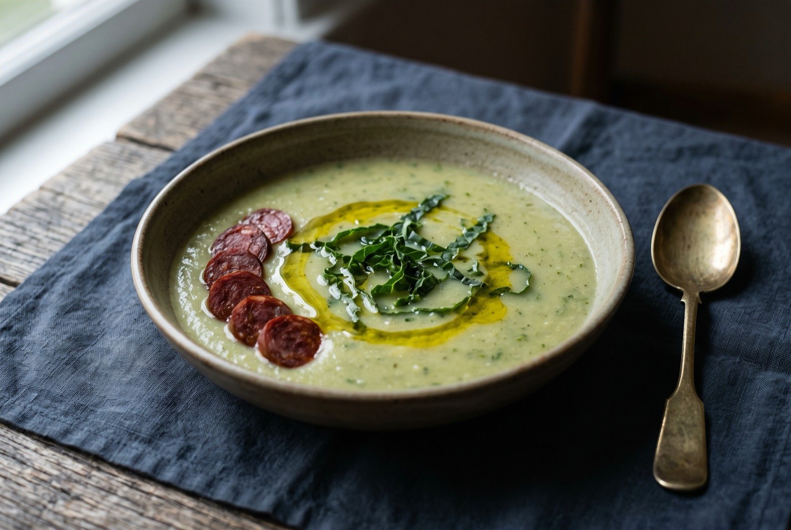 Caldo verde, potato and kale soup: a plain wide bowl of pale green soup, faint texture from the silky potato base, one visible slick of golden olive oil pooling at the centre.