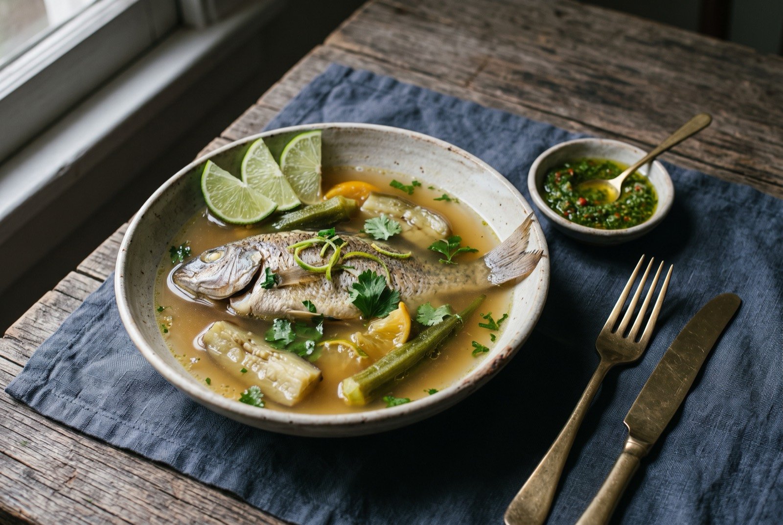 Caldou, the Casamance citrus and fish broth: a clear, pale amber broth in a wide bowl, visibly thinner and brighter than a stew, a whole small fish sitting in the broth.