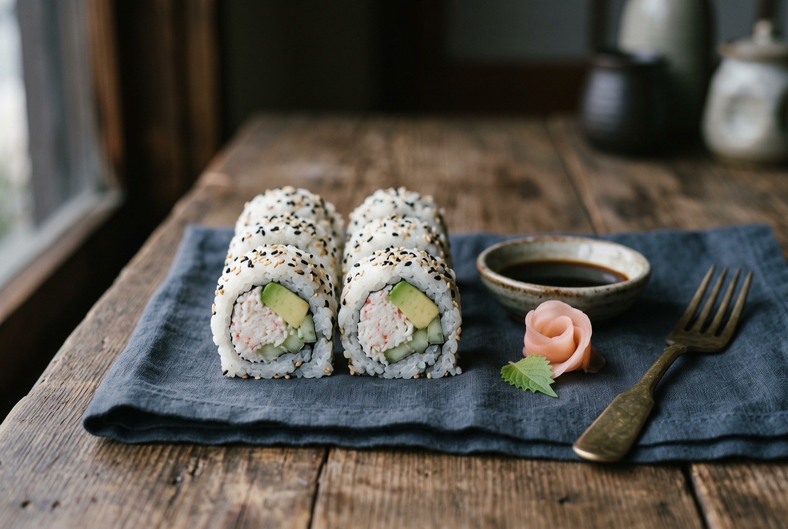 The California roll: several pieces of inside out sushi roll standing on their sides, pale rice studded with toasted sesame seeds on the outer edge.