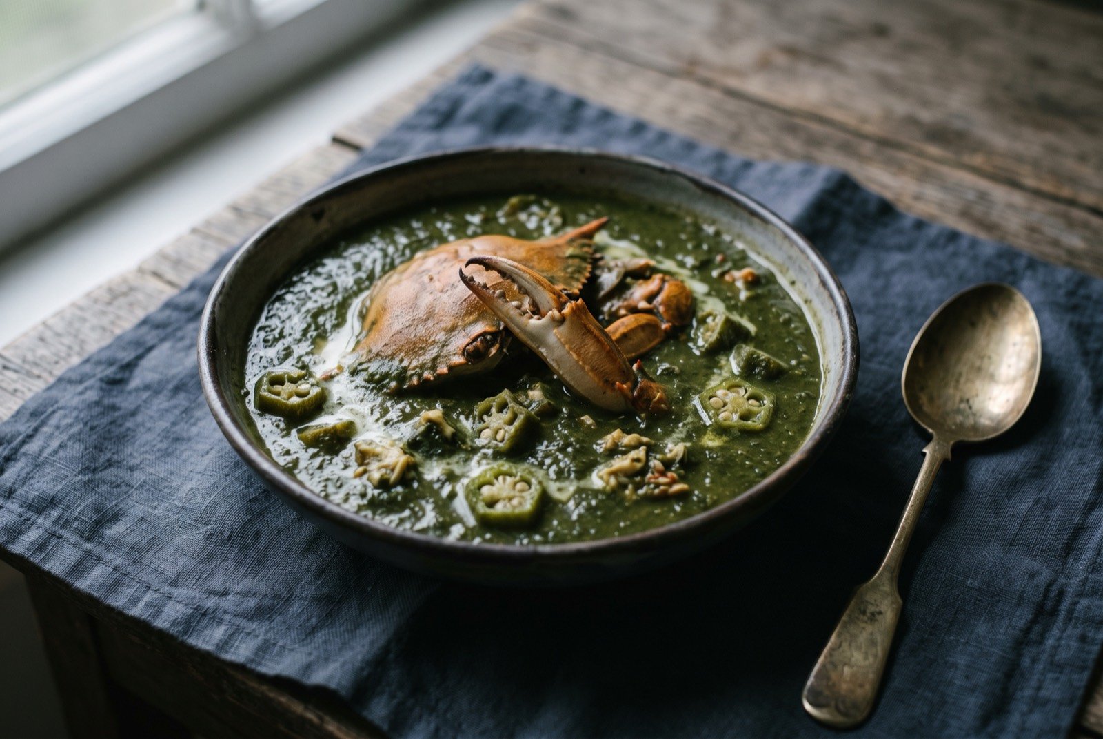 Callaloo and crab, dasheen bush and okra stew: a shallow bowl of thick, smooth dark green stew with a pale coconut sheen on the surface, a whole crab claw and a piece of crab shell breaking the surface at the centre.