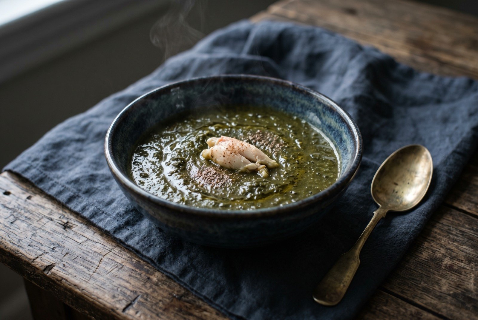 Callaloo soup, a dasheen leaf and coconut soup with crab: a deep bowl of thick, dark green soup with a faint sheen of coconut oil on its surface, a piece of pale crab claw meat resting just above the surface.