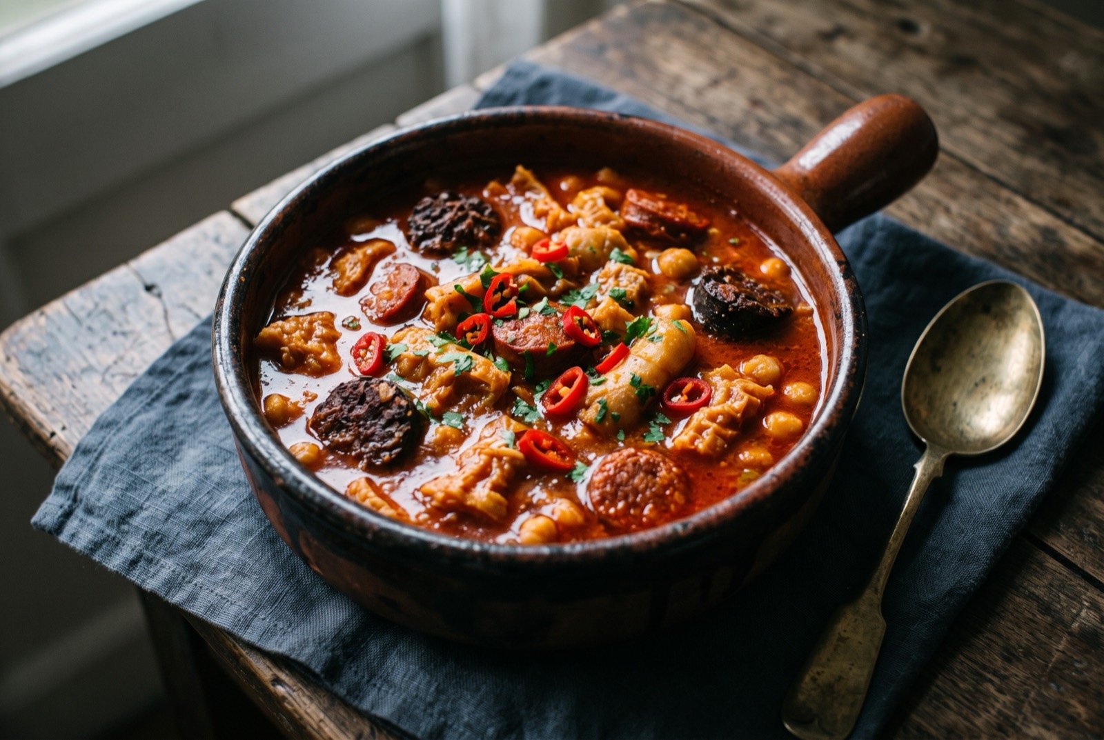 Callos a la madrileña, Madrid tripe stew: a deep, dark terracotta cazuela of glossy, deep red-brown tripe stew, thick with a paprika-red, gelatinous sauce, chunks of chorizo and morcilla visible among the tripe.