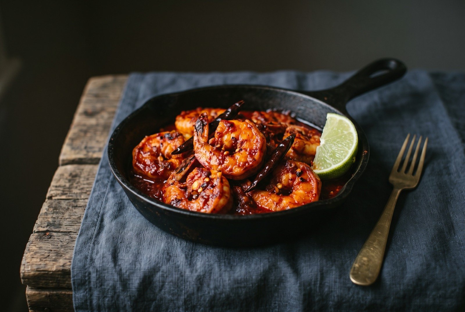 Camarones a la diabla, fiery devil shrimp: a small dark skillet crowded with plump shrimp coated in a thick, glossy, deep red chile sauce, a few whole dried chiles de árbol tucked among them.