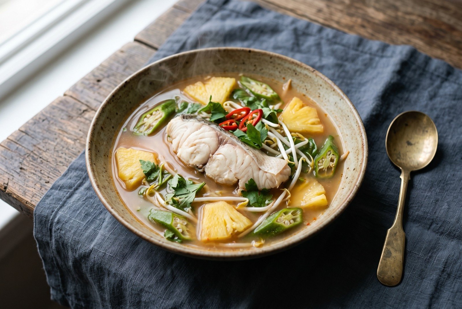 Canh chua cá lóc, a sour tamarind soup with snakehead fish, pineapple, okra and bean sprouts: a wide shallow bowl of pale orange red broth, a piece of white snakehead fish flaking at the edges, pineapple wedges, sliced okra on the diagonal.