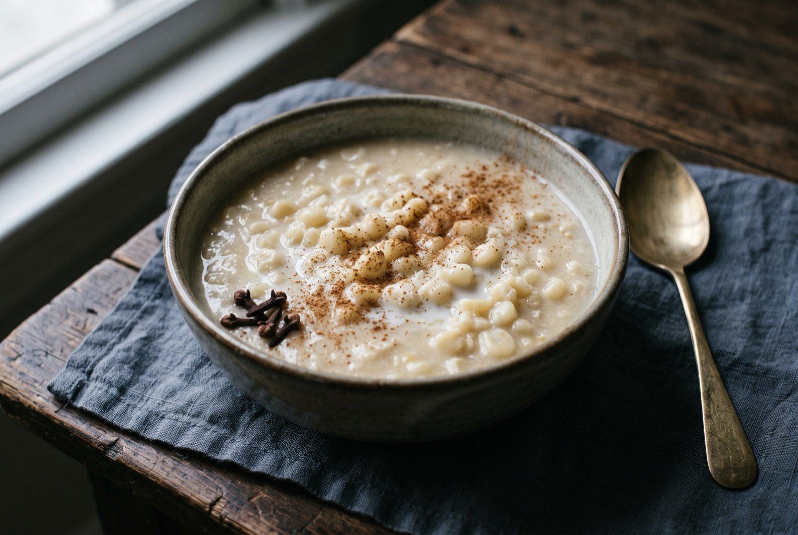 Canjica, called mungunzá in the Northeast, a sweet corn and coconut porridge: a deep bowl of pale creamy porridge studded with whole softened white corn kernels, a dusting of ground cinnamon across the surface.
