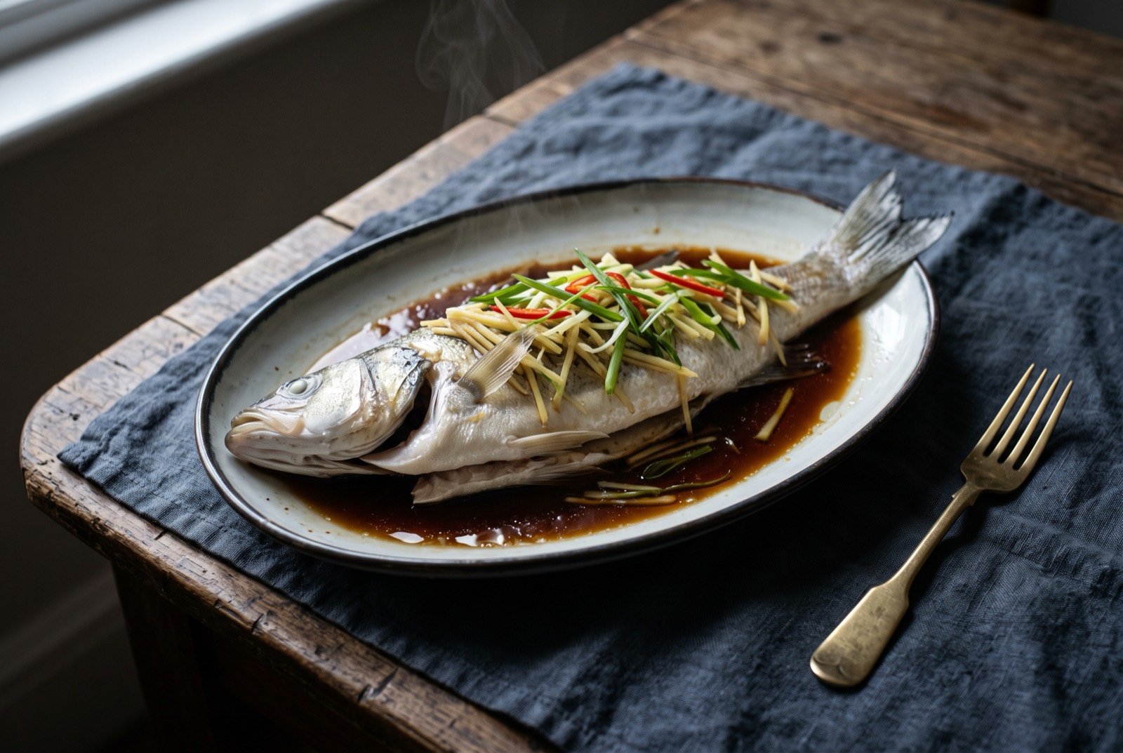 Ching jing yu, a whole fish steamed at full heat and dressed with hot oil and soy: a whole pale steamed fish laid on an oval plate, skin glistening under a pool of dark glossy soy dressing, fine threads of ginger and spring onion scattered over the flesh.