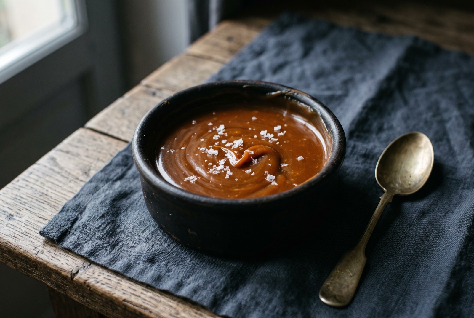 Caramel au beurre sale, a Norman salted caramel made with Isigny butter and cream: a small glass jar of glossy, deep amber salted caramel sauce, thick and slow moving, a few visible flecks of salt crystals on its surface.