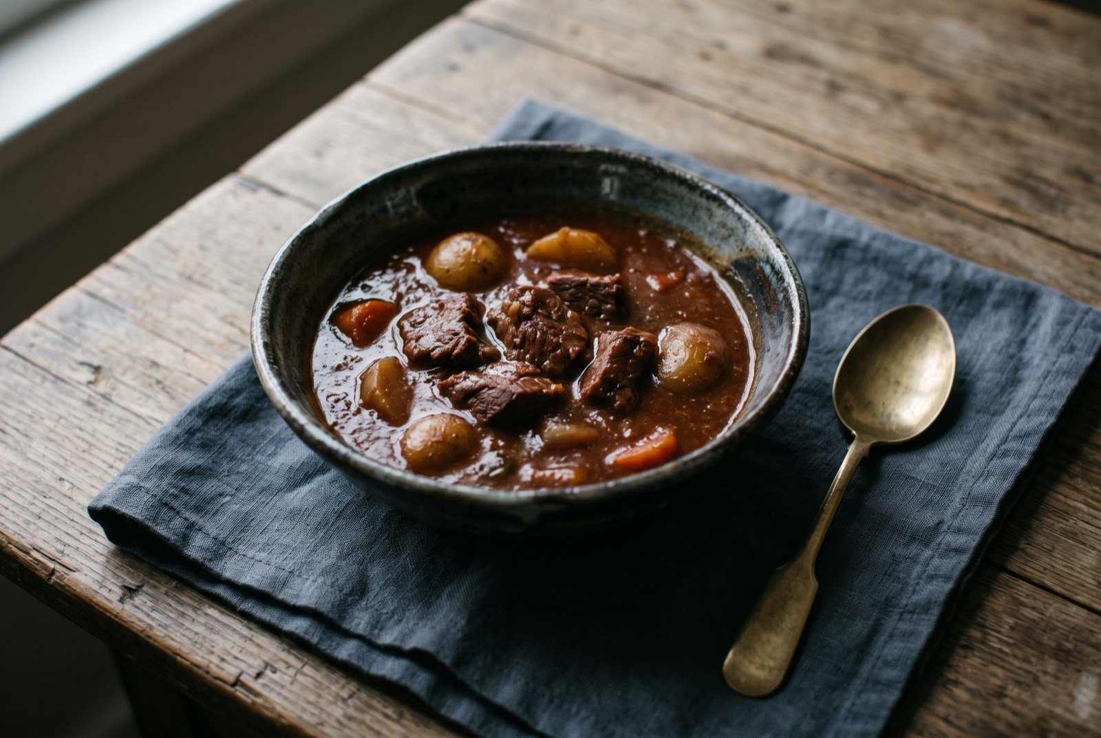 Caribou stew: a rustic bowl of dark reddish-brown stew, tender chunks of lean game meat suspended in a thick, glossy sauce, a few root vegetables just visible beneath the surface.