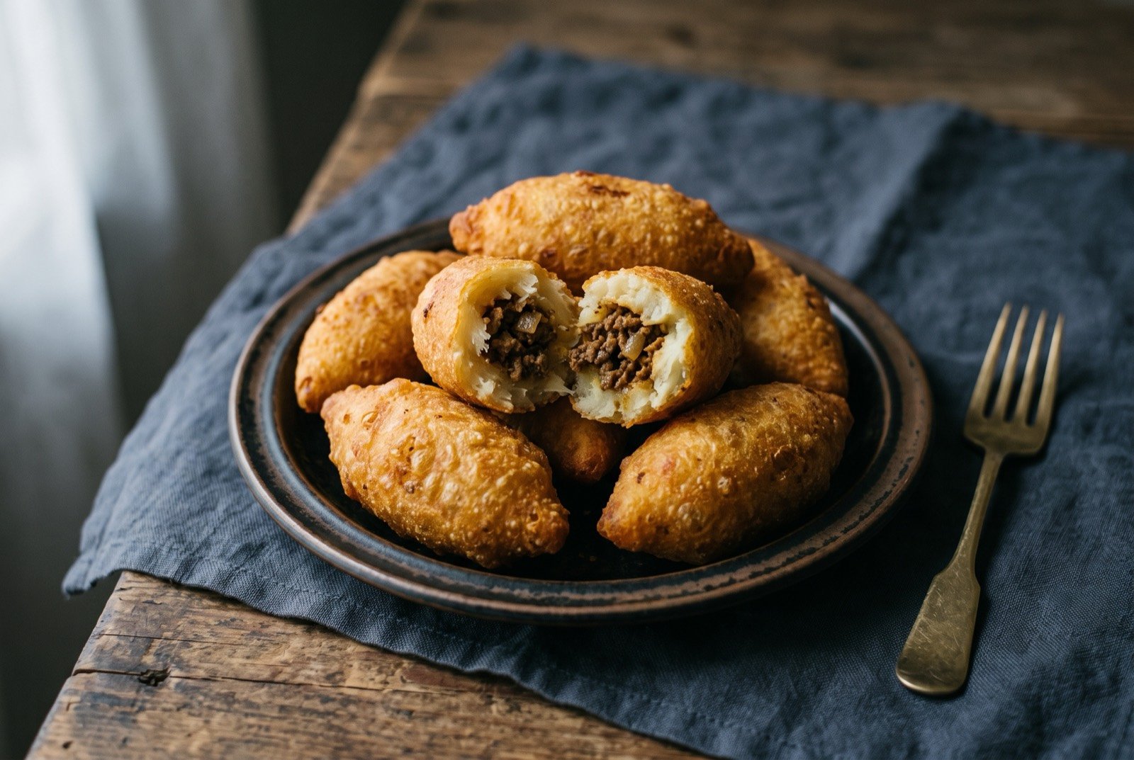Carimañolas, fried yuca and meat fritters: a small pile of golden brown, torpedo shaped fritters with a smooth glossy fried shell, one broken open to reveal a pale dense yuca dough giving way to a dark savoury meat filling inside.