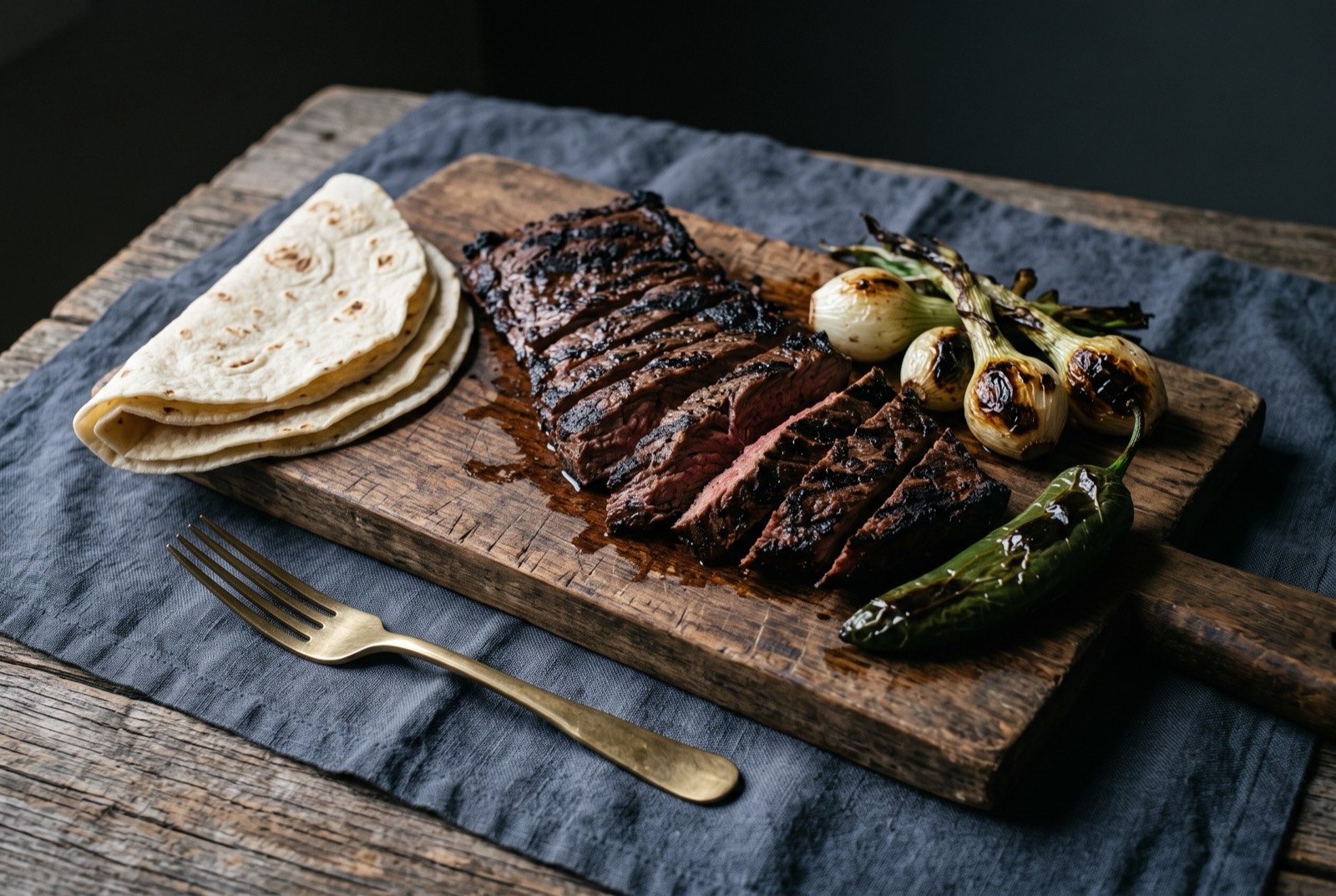 Carne asada sonorense, unmarinated mesquite-grilled steak: thick slices of dark charred grilled beef fanned across a wooden board, deep grill marks visible, a few charred spring onions and a blistered whole green chile resting alongside.