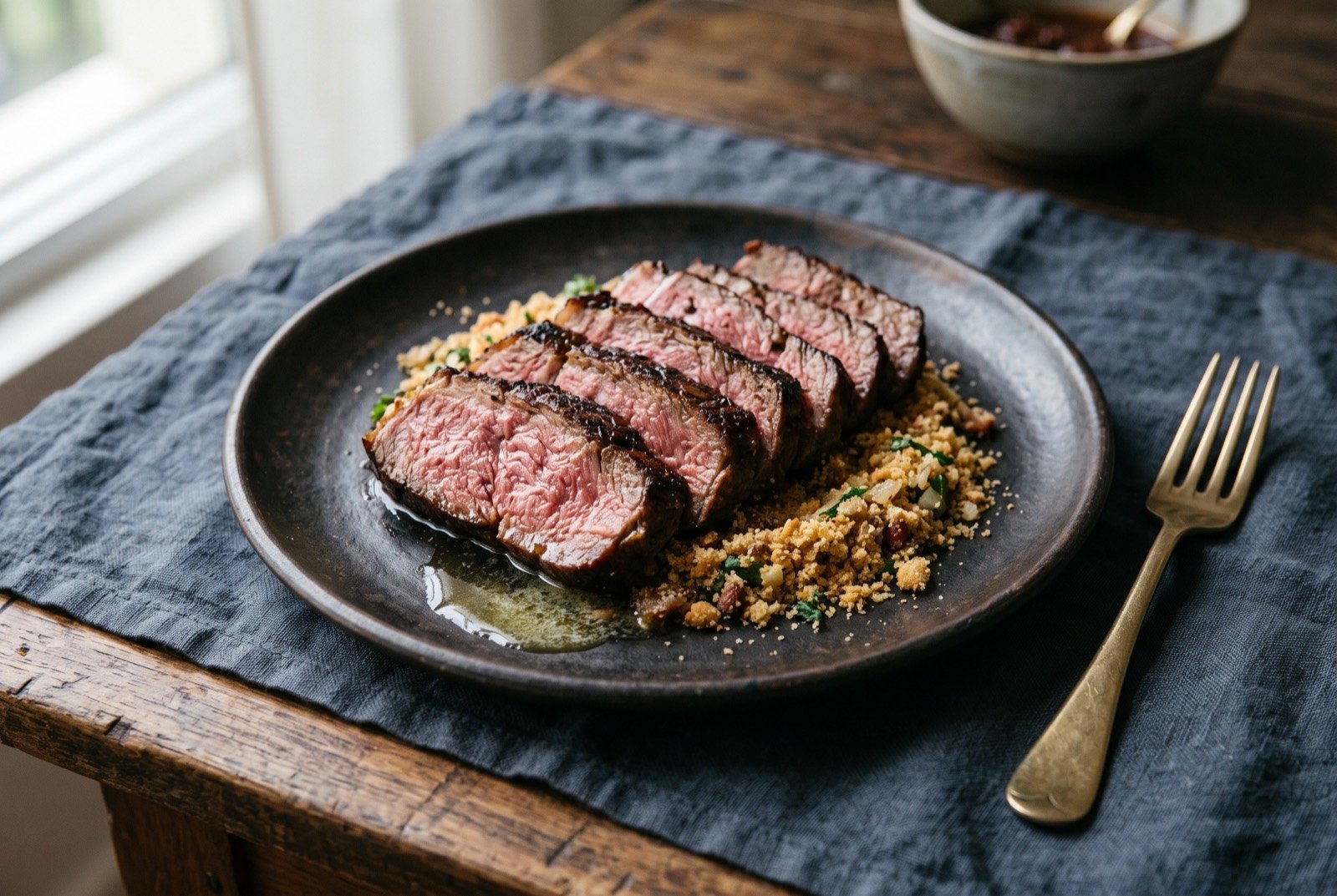 Carne de sol, a light sun and salt cured beef, seared and sliced: thick seared slices of deep reddish brown beef fanned across a plate, a dark caramelised crust on each cut edge, the pink cooked interior visible where sliced.
