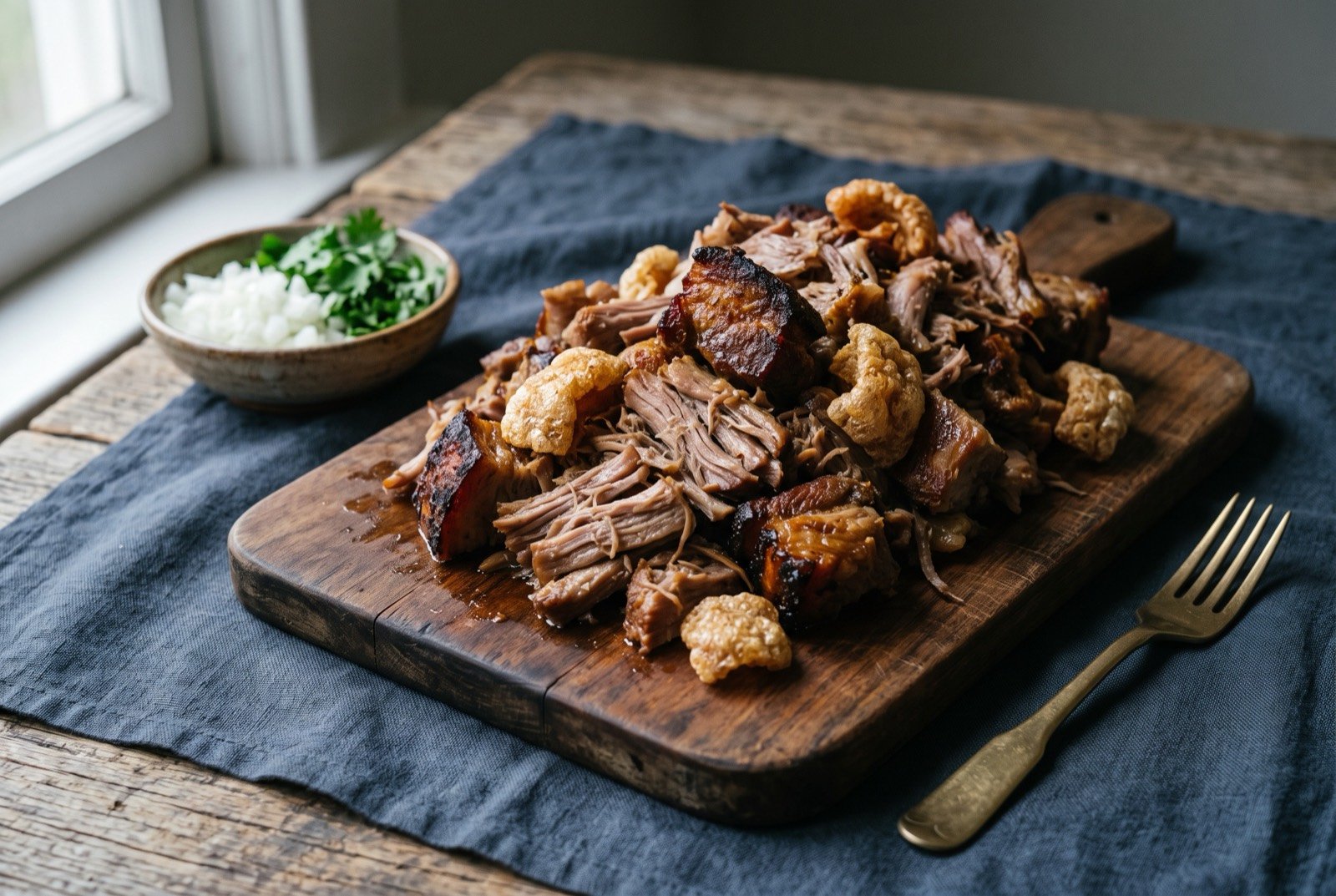 Carnitas, pork slow-fried in its own lard until crisp and tender: a mounded pile of golden brown, glistening shredded and chunked pork on a wooden board, some pieces crisp edged and darker.