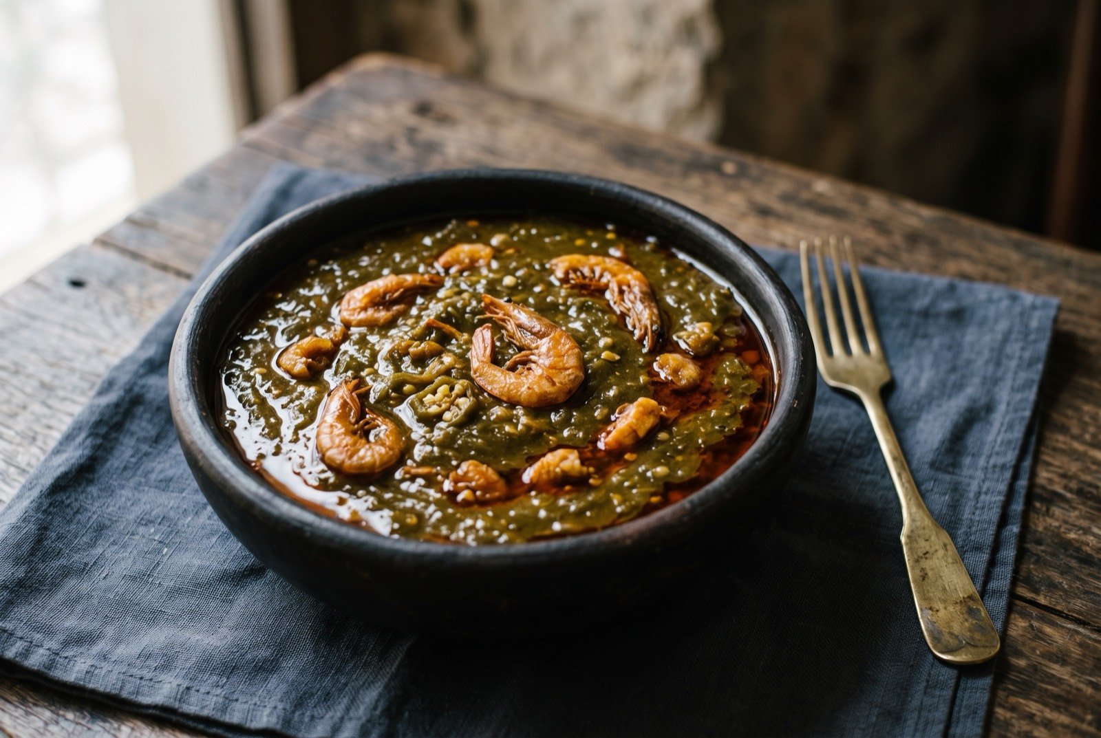 Caruru, an okra and dried shrimp stew: a dark olive green, thick and glossy okra stew in a dark clay bowl, visibly sticky and cohesive rather than watery, whole dried shrimp and pieces of shrimp suspended through it.