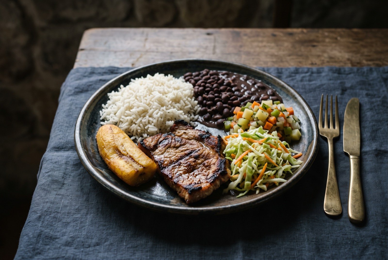 Casado, a composed plate of rice, black beans, plantain, picadillo and a chosen protein: a full dinner plate divided into distinct sections, white rice, black beans, a wedge of golden fried ripe plantain, a small heap of finely diced vegetable picadillo.