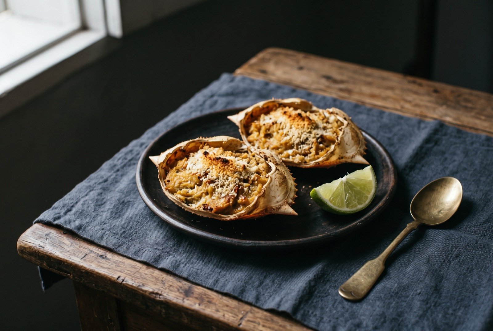 Casquinha de siri, stuffed crab shell: a real scrubbed crab shell filled with golden brown gratinated crab meat, the surface flecked with toasted cassava flour and lightly browned at the edges.