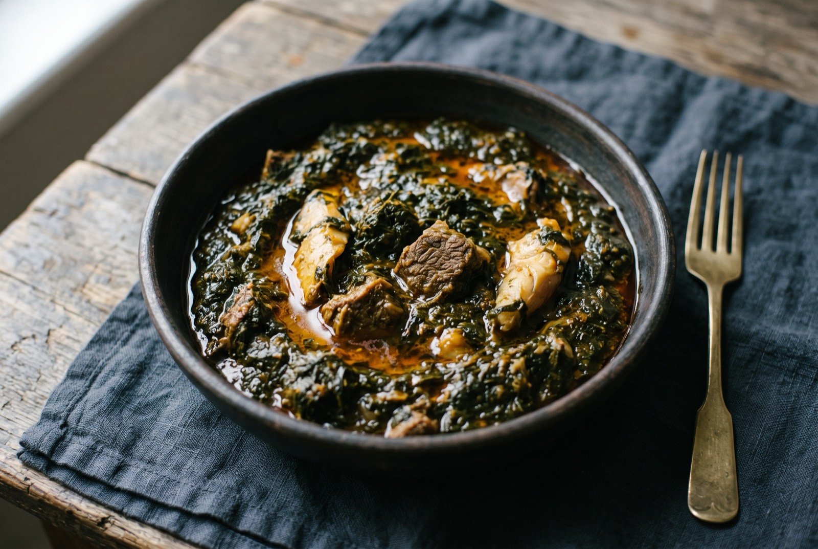 Cassava leaf stew: a dense, dark forest green stew, almost black green, thick and collapsed rather than leafy, chunks of meat and pale smoked fish visible within it.