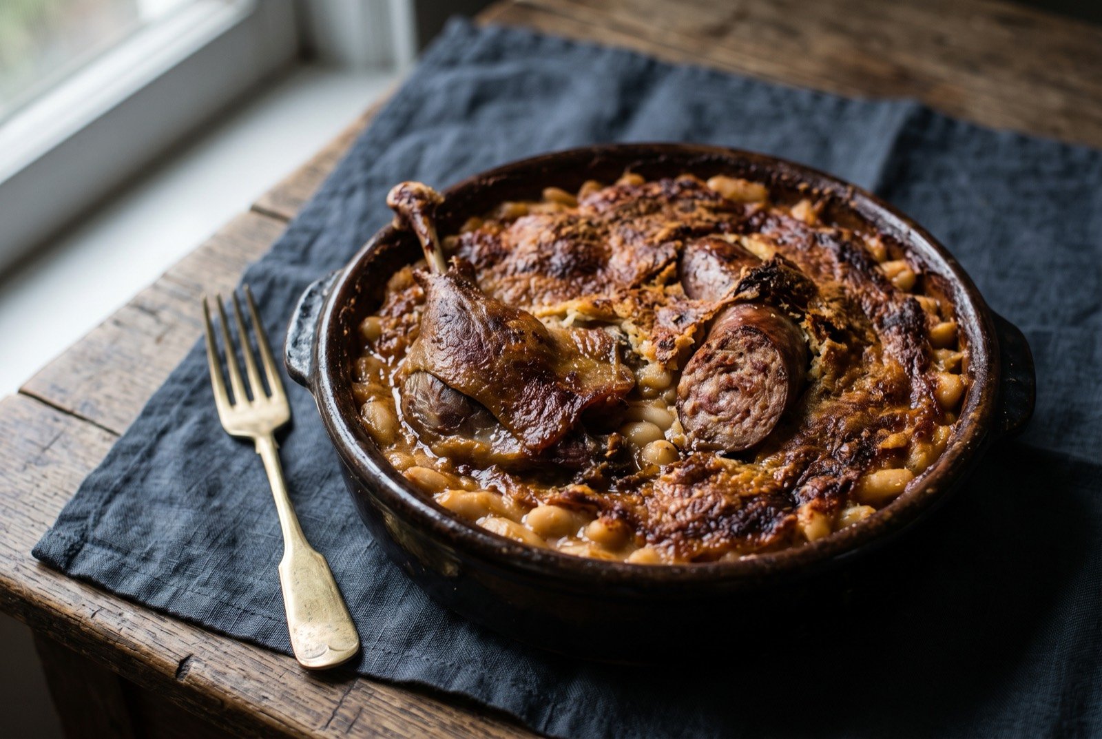 Cassoulet toulousain, a slow-baked casserole of haricot beans, confit duck and Toulouse sausage: a rustic round earthenware dish of pale golden haricot beans, a deep amber-brown crust broken and folded back into the beans in patches.