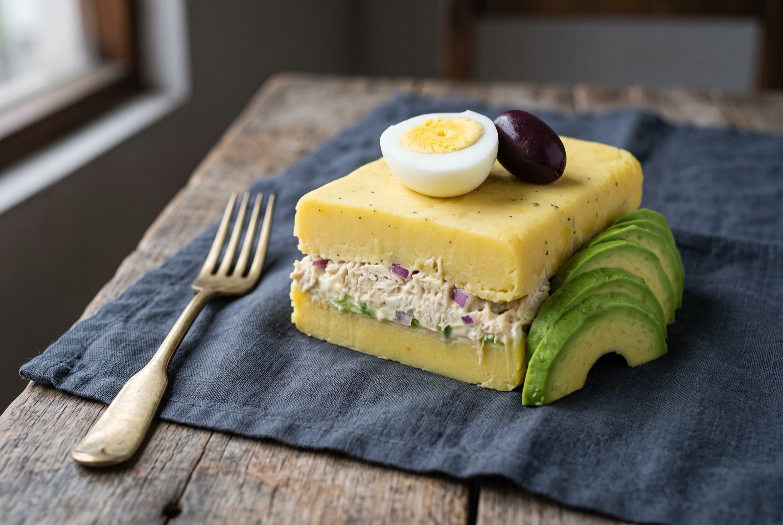 Causa rellena, cold pressed potato terrine with ají amarillo: a pale golden yellow block of pressed potato, its cut face showing a distinct pale filling layer running through the centre.