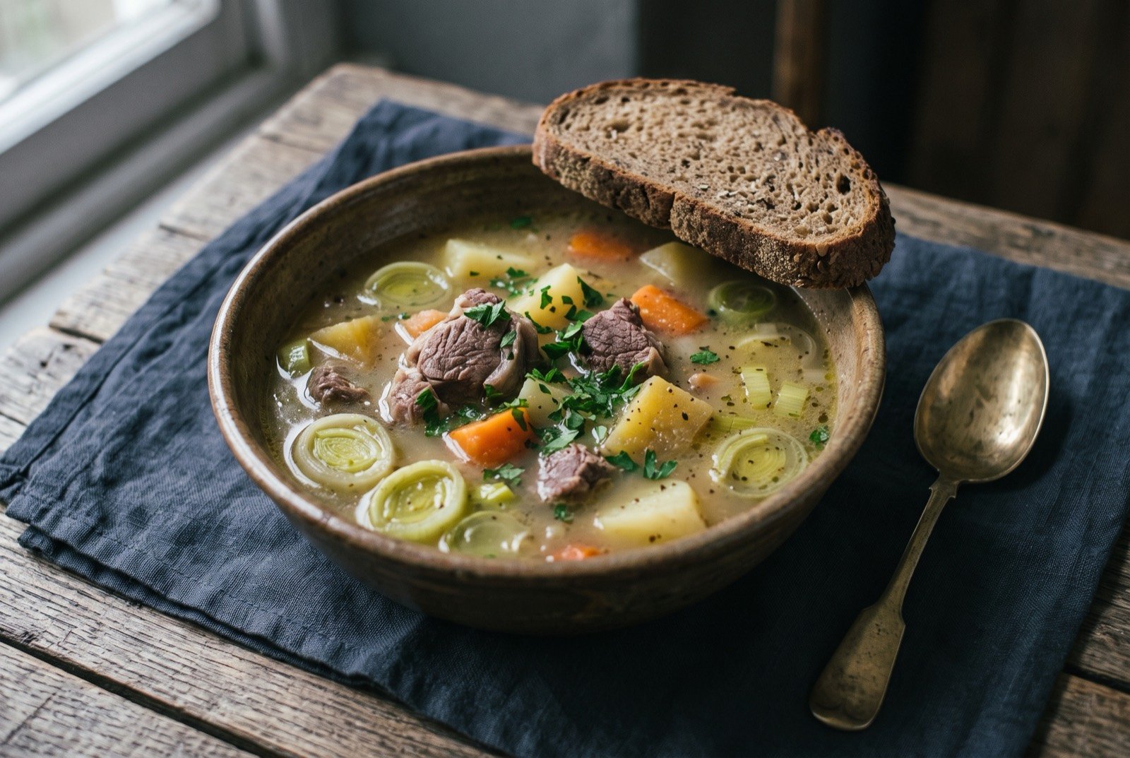 Cawl, a Welsh lamb and leek broth: a deep earthenware bowl of pale golden broth with tender pieces of lamb and beef, chunks of swede, carrot and potato, and pale rings of leek visible beneath the surface.