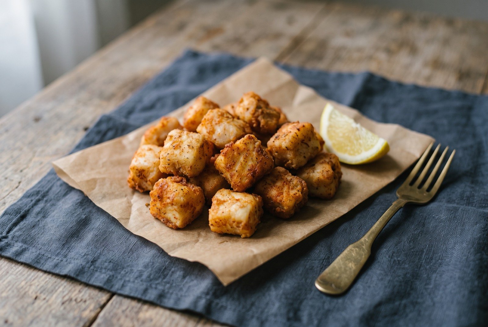 Cazón en adobo, marinated fried dogfish: bite sized cubes of pale fried fish with a deep golden, faintly paprika tinted crust, piled loosely on brown paper, a lemon wedge to one side.