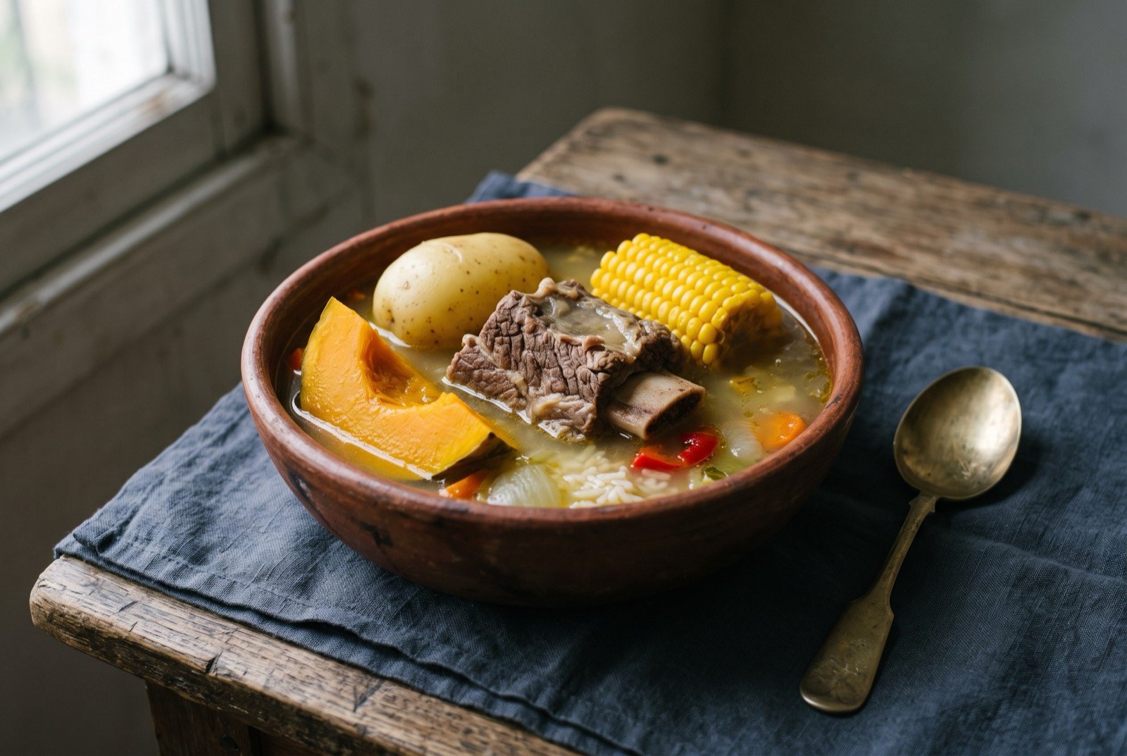 Cazuela, a clear broth with a whole piece of meat, potato, pumpkin and corn: a wide, deep bowl of pale golden broth holding a whole bone-in piece of meat, a large chunk of potato, a wedge of orange pumpkin and a short length of corn on the cob standing upright.