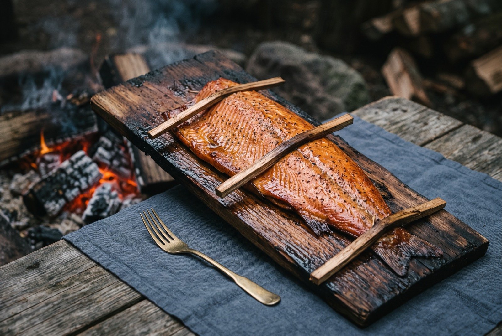 Cedar plank salmon, a whole side of salmon roasted beside an open fire on soaked cedar: a whole split side of salmon pinned flat with thin cross sticks to a dark, water soaked cedar plank propped at an angle beside glowing embers.