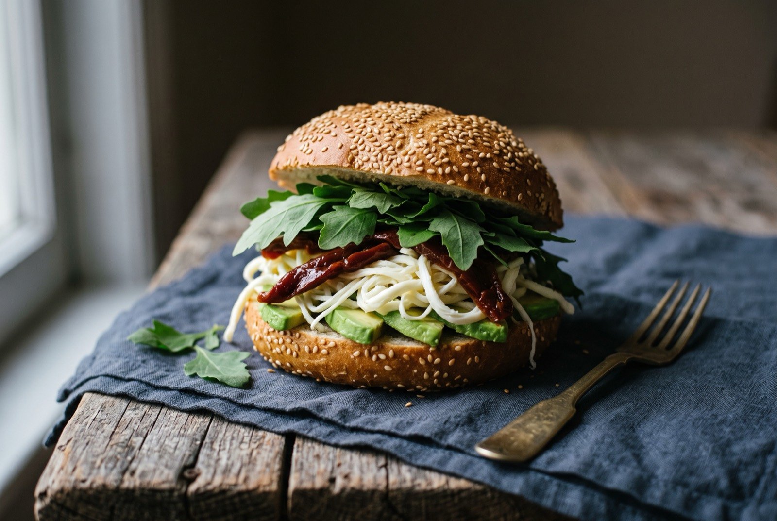 Cemitas poblanas, a sesame roll sandwich with papalo and chipotle: a round, sesame studded roll cut open and stacked high with pale avocado, thin cheese, dark pickled chipotle strips and loose sprigs of a broad flat herb.
