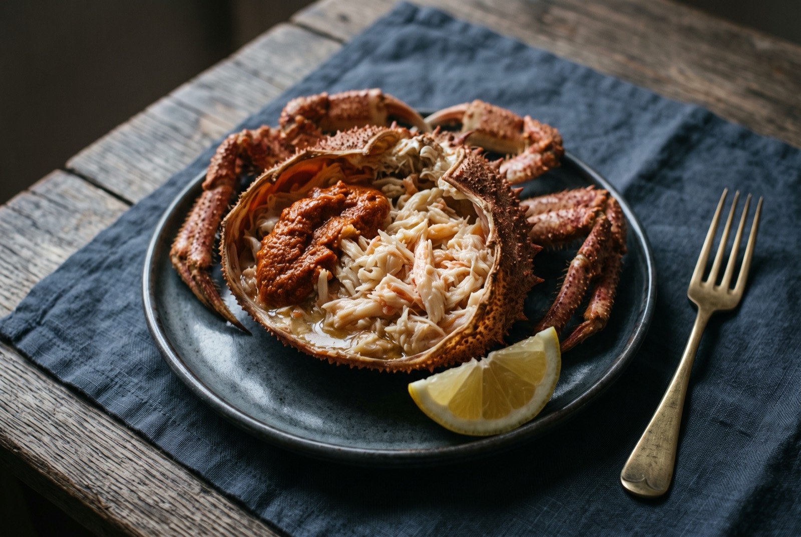 Centollo, Galician spider crab served simply in its own shell: a whole reddish-brown spider crab shell filled with pale, shredded crab meat, a little dark coral spooned over one side.