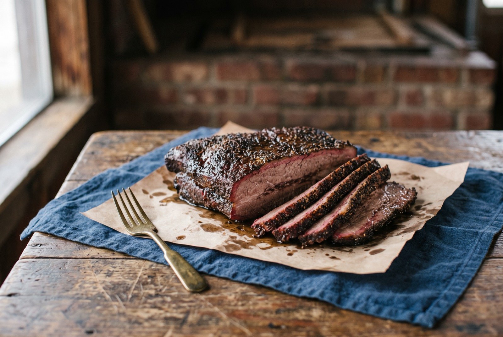 Central Texas post oak brisket, smoked and sliced with a dark peppered bark: thick hand cut slices of smoked beef brisket fanned on butcher paper, each slice showing a deep pink smoke ring beneath a near black.
